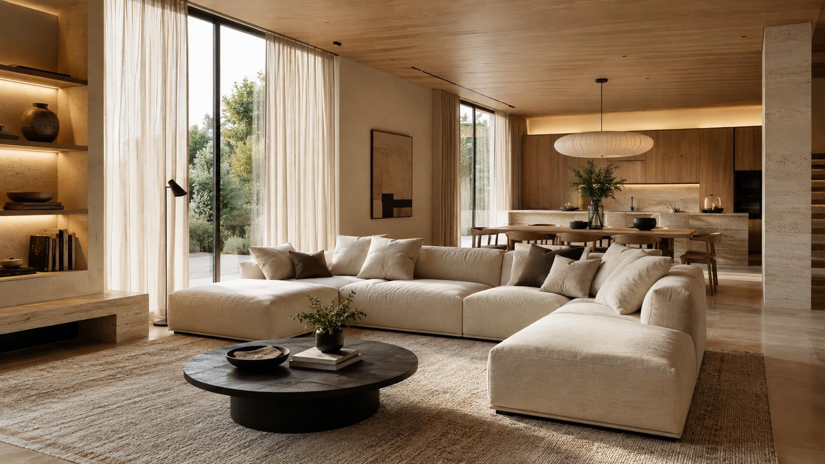 RAUMWERK — warmer Wohnraum mit Eiche-Deckenverkleidung, Naturstein, bodentiefen Fenstern und modularem Sofa.